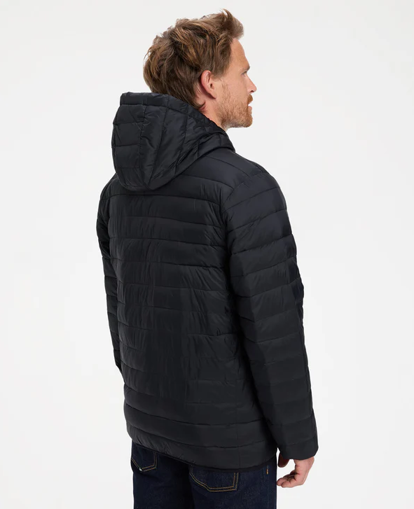 Quiksilver Scaly Hooded Puffer Jacket in black on model from rear