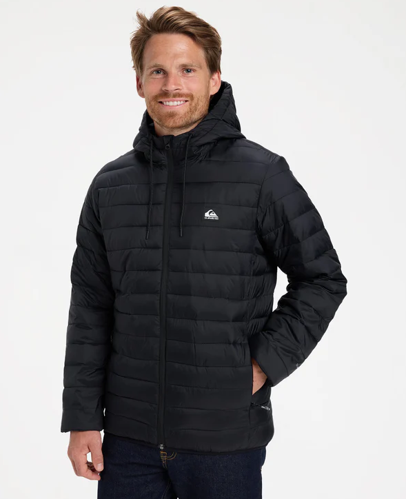 Quiksilver Scaly Hooded Puffer Jacket in black on model from front