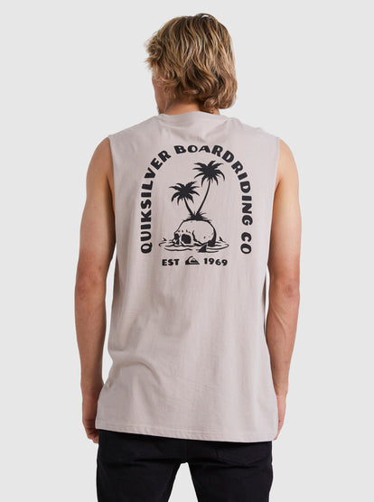 Quiksilver Skull Palm Muscle Tee in goat from back on model