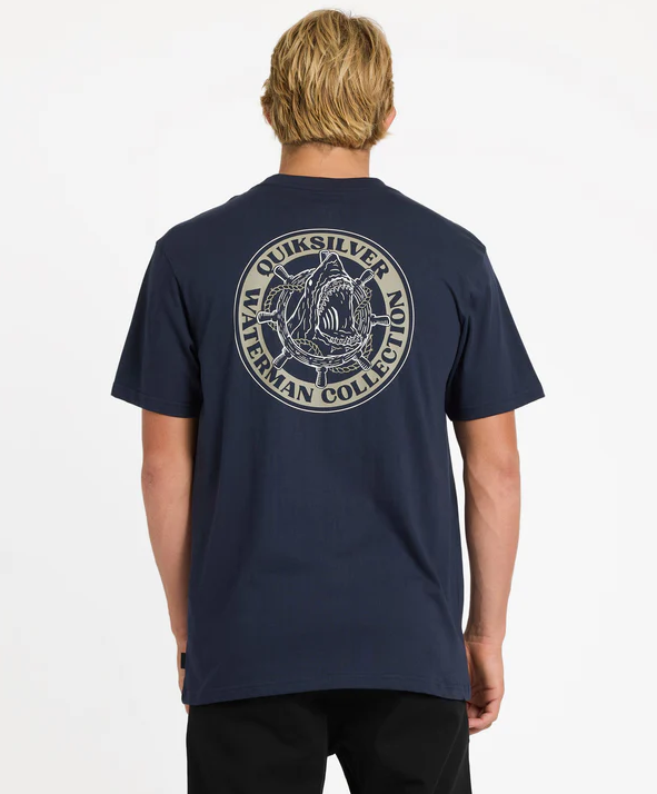 Quiksilver Steer Away Mens T-Shirt in dark navy showing rear view with shark image