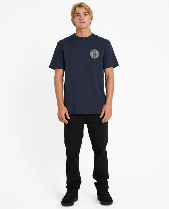 Quiksilver Steer Away Mens T-Shirt in dark navy on model in black jeans