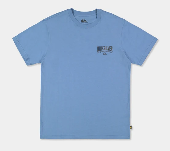 The Quiksilver Strike Mission Watermans Tee in coronet blue from front flatlay