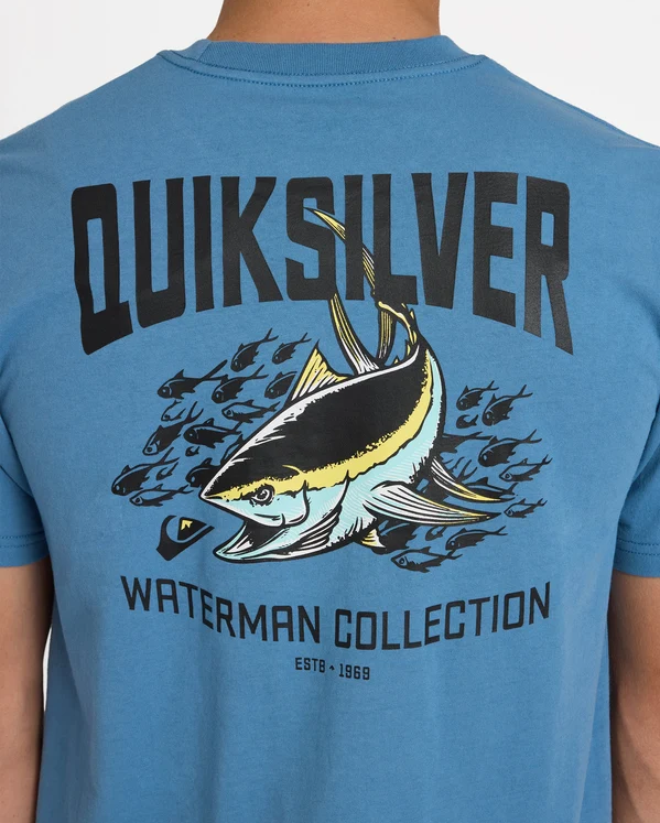 The Quiksilver Strike Mission Watermans Tee in coronet blue from rear close up showing back print with tuna