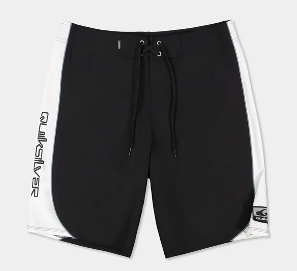 Quiksilver Surfsilk Core 20" Boardshorts in black with white panels flatlay from front