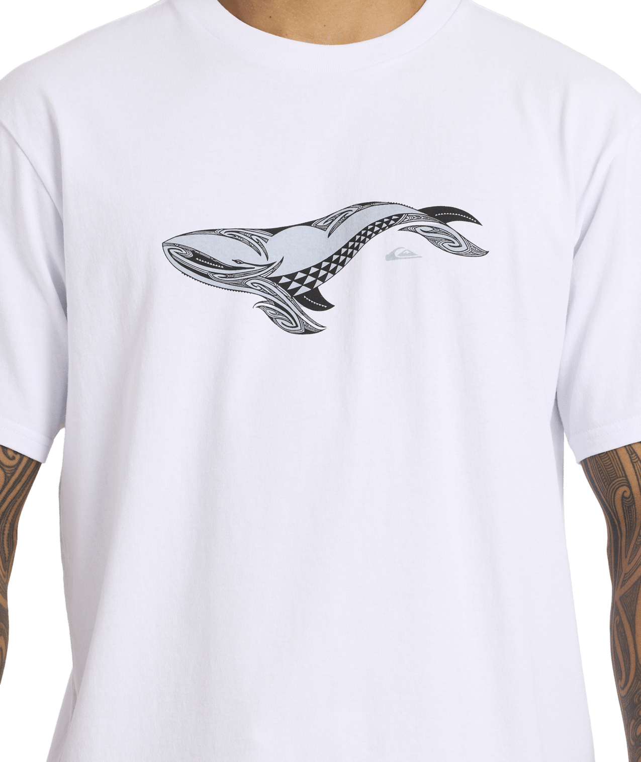 Quiksilver Tai Kehu Tohora T-Shirt in white showing whale design on front close up