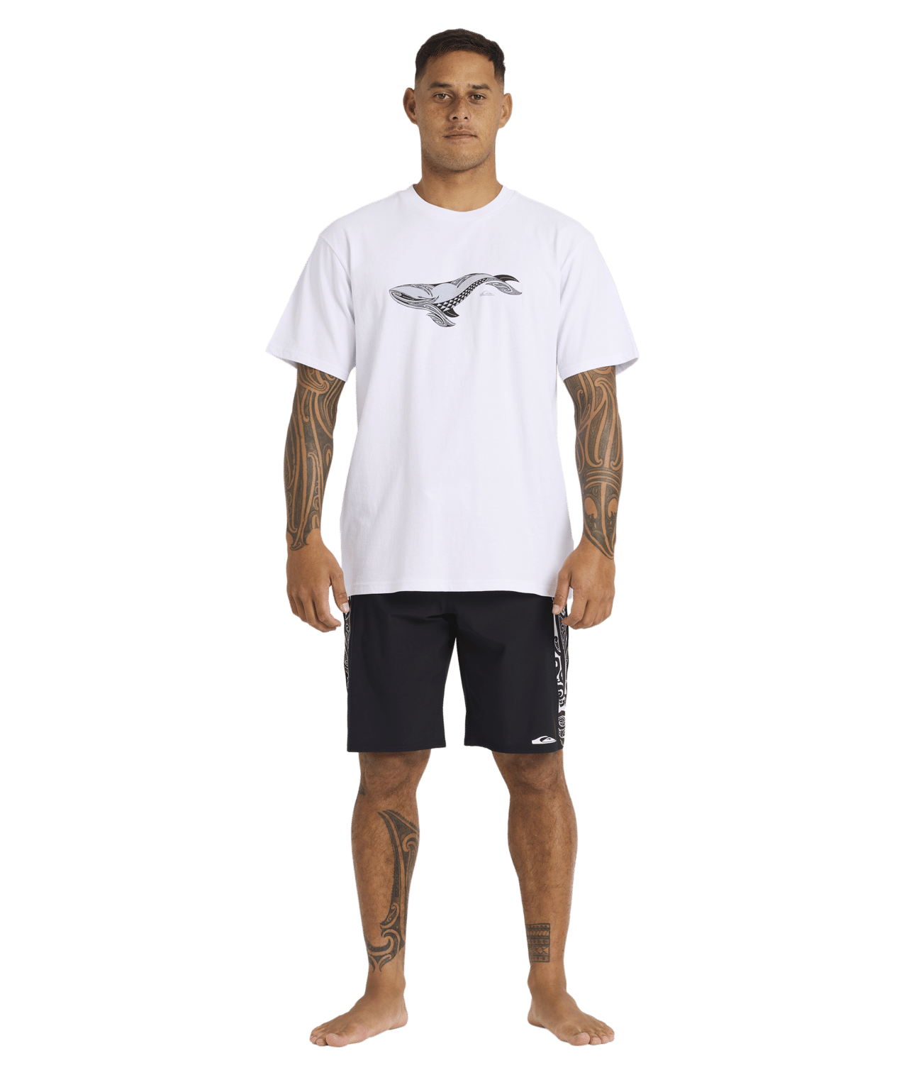 Quiksilver Tai Kehu Tohora T-Shirt in white on kehu butler in maori boardshorts full length