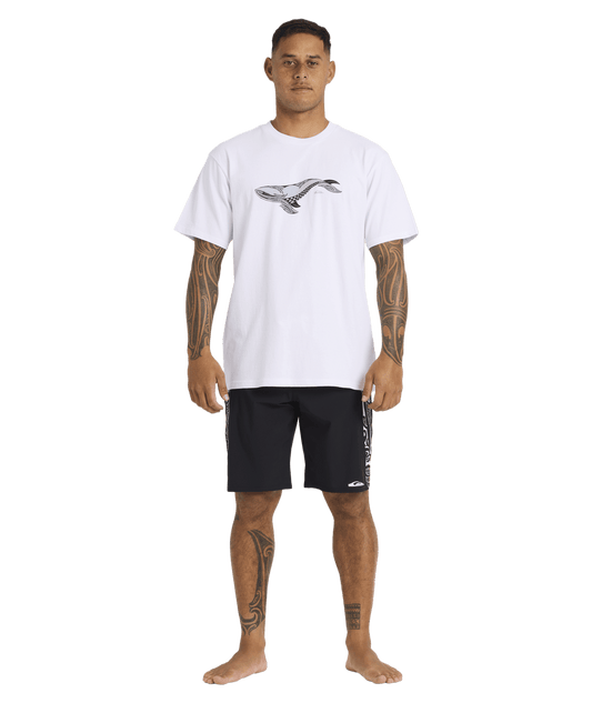 Quiksilver Tai Kehu Tohora T-Shirt in white on kehu butler in maori boardshorts full length