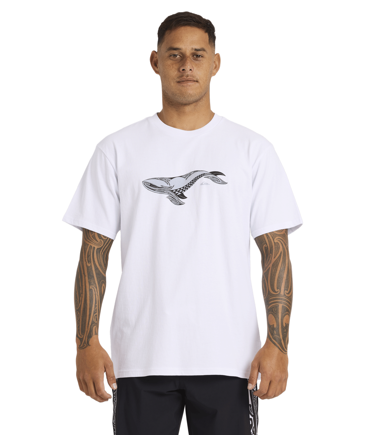 Quiksilver Tai Kehu Tohora T-Shirt in white on kehu butler in maori boardshorts close up