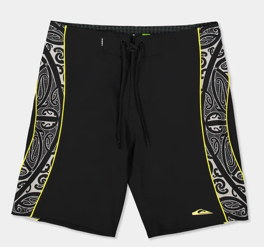 Quiksilver Tai Kehu Mangotu 20" Maori Boardshorts in black flatlay from the front