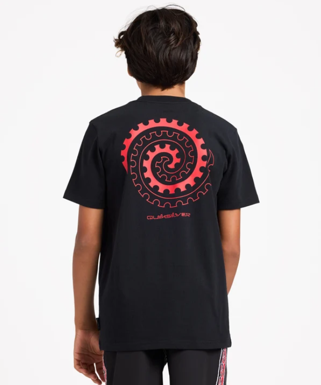 Quiksilver Tai Kehu Tai-Uru Youth Maori T-Shirt in black on model in Maori boardshorts from the back