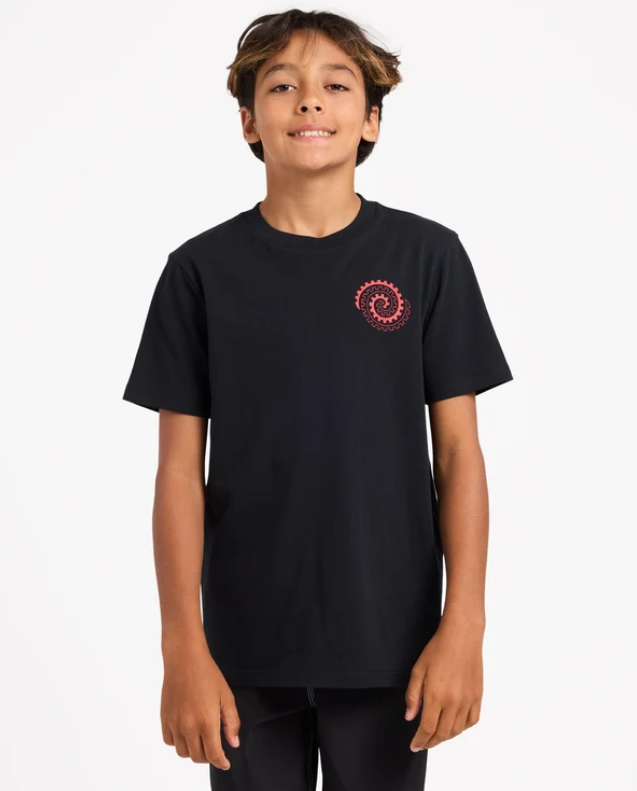 Quiksilver Tai Kehu Tai-Uru Youth Maori T-Shirt in black on model in Maori boardshorts from the front close up