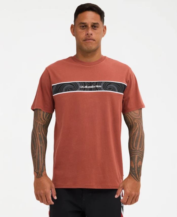 Quiksilver Tai Kehu Takarangi Panel Tee in henna on Kehu Butler from the front
