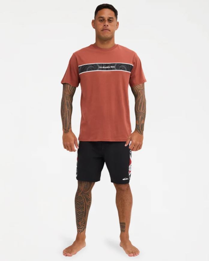 Quiksilver Tai Kehu Takarangi Panel Tee in henna on Kehu Butler from the front