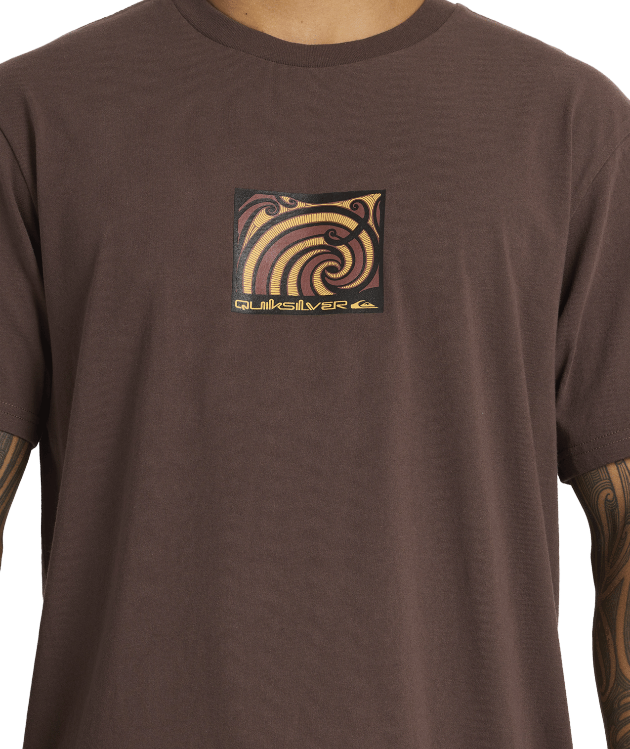 Quiksilver Tai Kehu Takarangi T-Shirt  in chocolate brown close up showing maori design
