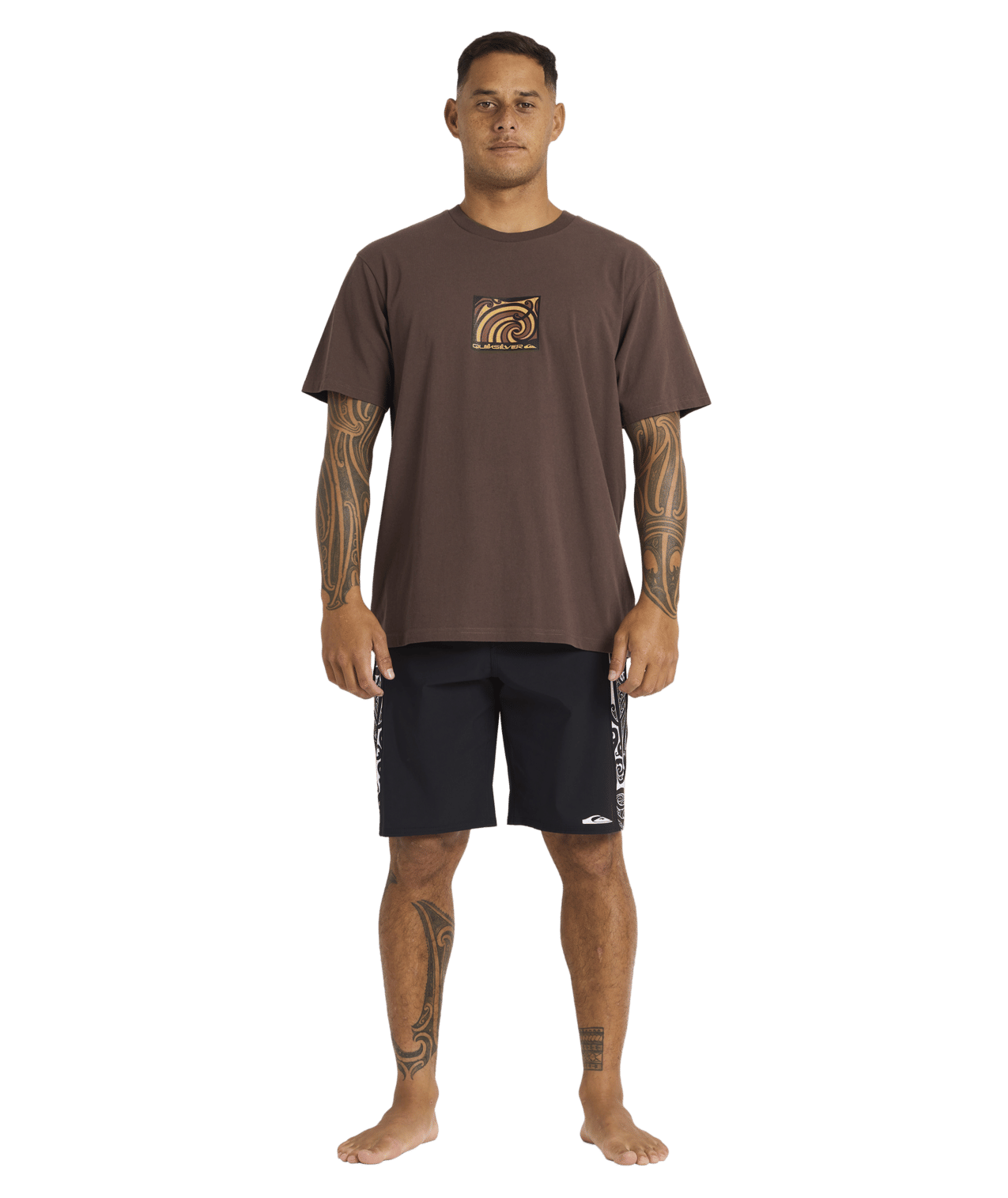 Quiksilver Tai Kehu Takarangi T-Shirt  in chocolate brown on kehu butler full length from front