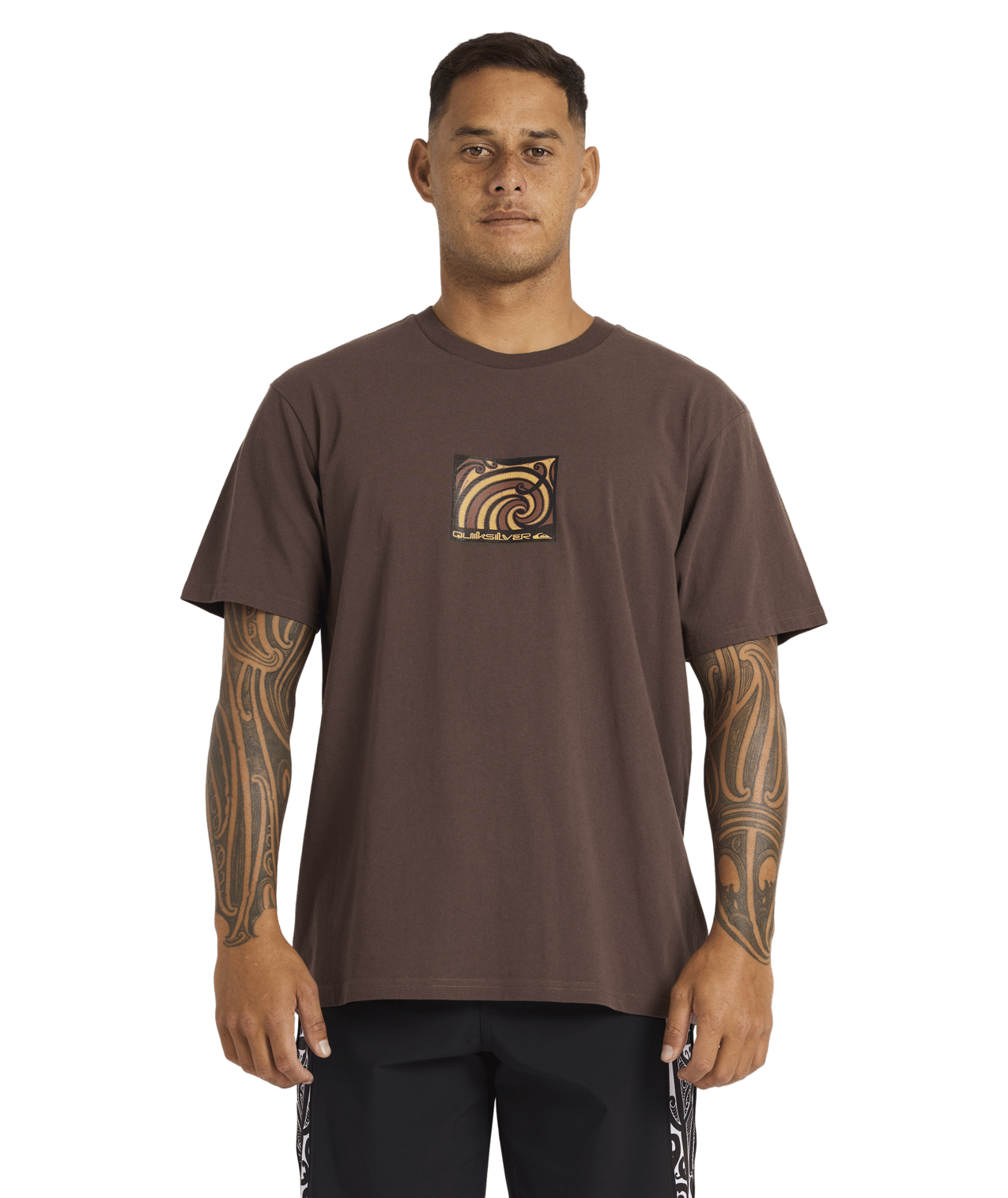 Quiksilver Tai Kehu Takarangi T-Shirt  in chocolate brown on kehu butler close up from front