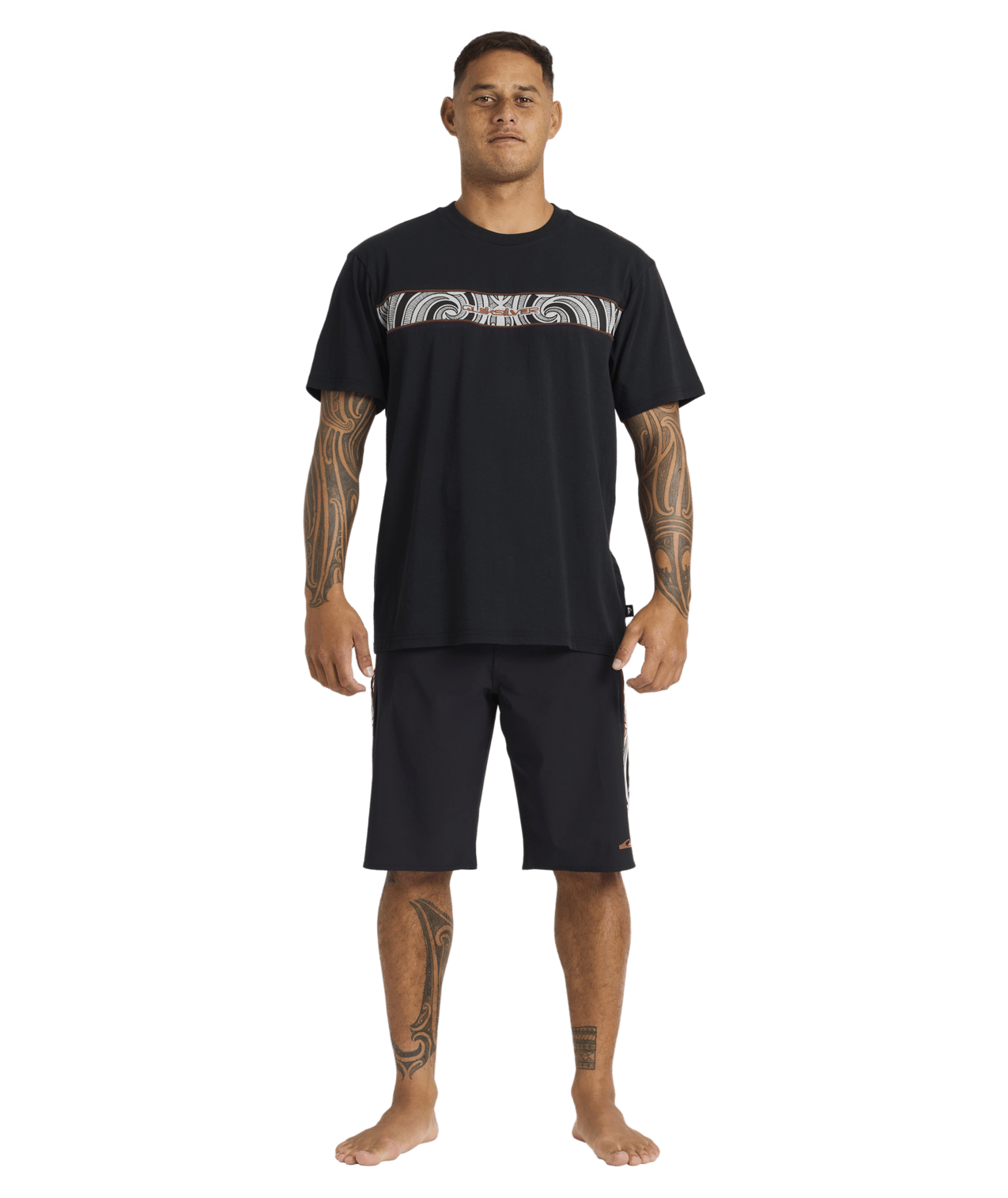 Quiksilver Tai Kehu Takarangi Panel T-Shirt in black on Kehu Butler full length in Maori boardshorts