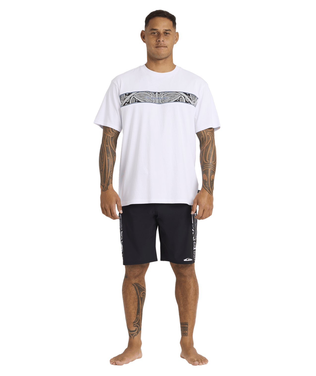 Quiksilver Tai Kehu Takarangi Panel T-Shirt in white on Kehu Butler full length in Maori boardshorts