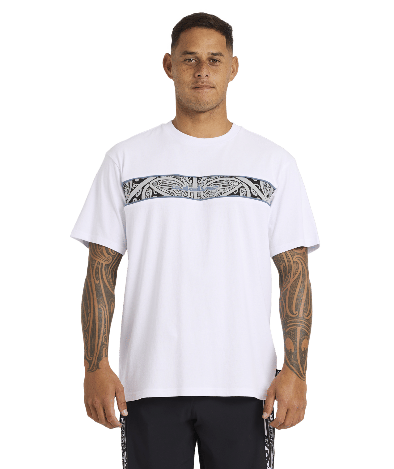 Quiksilver Tai Kehu Takarangi Panel T-Shirt in white on Kehu Butler close up in Maori boardshorts