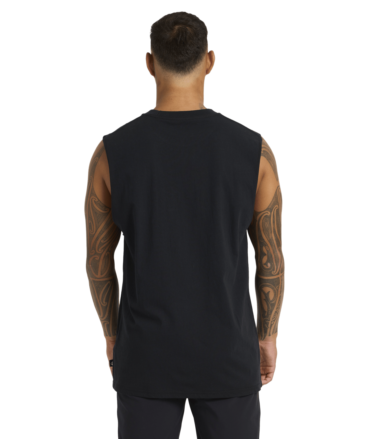 Quiksilver Tai Kehu Tiki Muscle Top in black from rear on kehu butler 