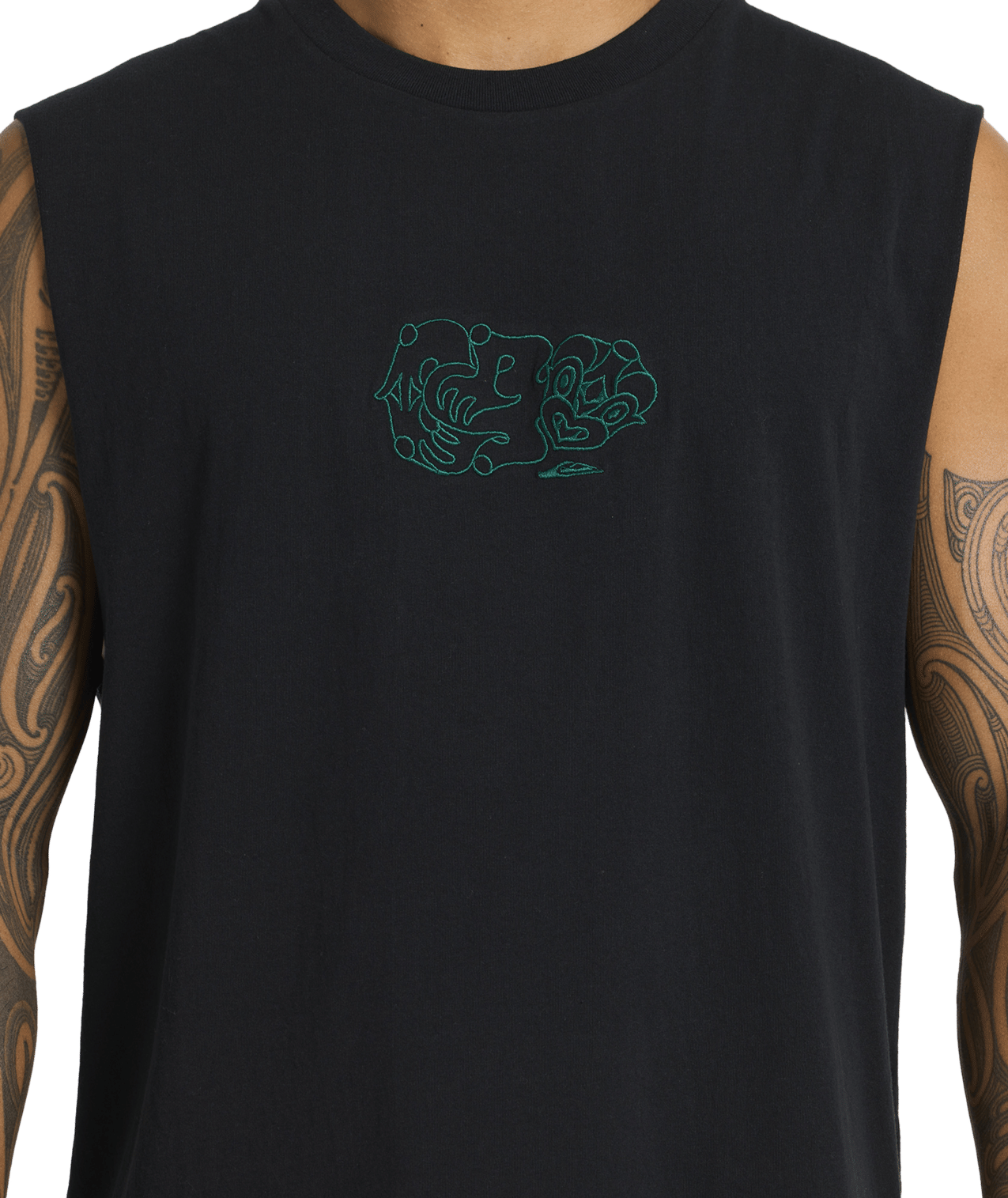 Quiksilver Tai Kehu Tiki Muscle Top in black from front close up showing embroidered tiki logo