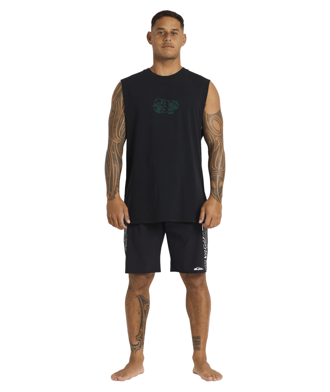 Quiksilver Tai Kehu Tiki Muscle Top in black from front on kehu butler full length in maori boardshorts