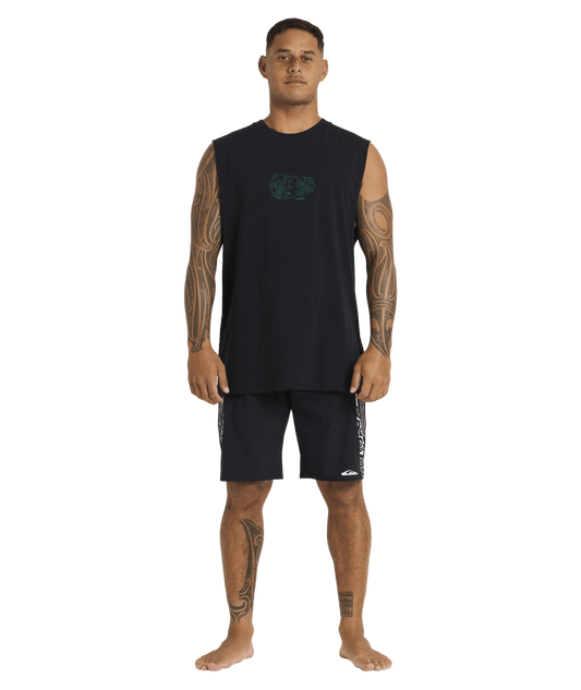 Quiksilver Tai Kehu Tiki Muscle Top in black from front on kehu butler full length in maori boardshorts
