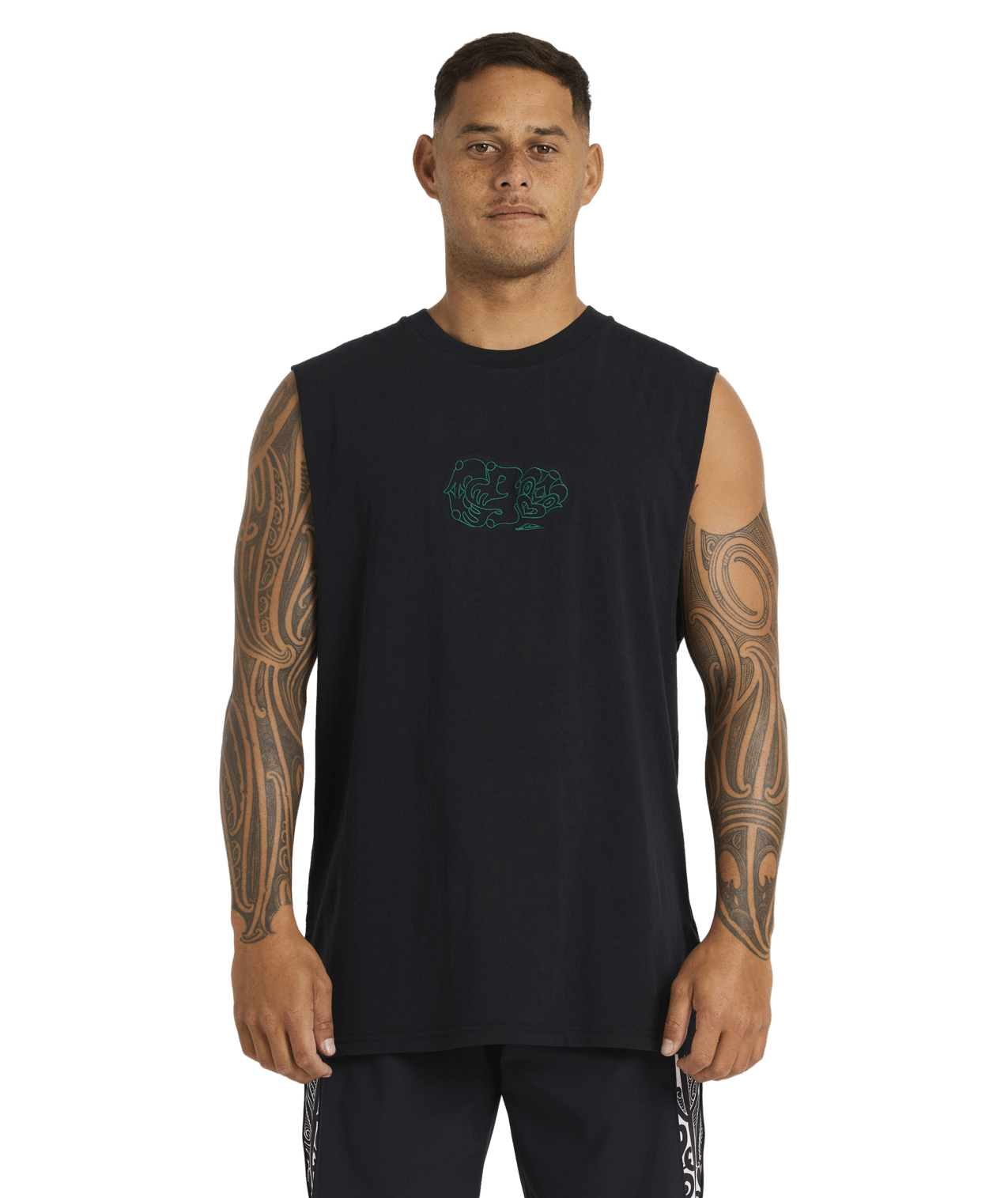 Quiksilver Tai Kehu Tiki Muscle Top in black from front on kehu butler close up in maori boardshorts