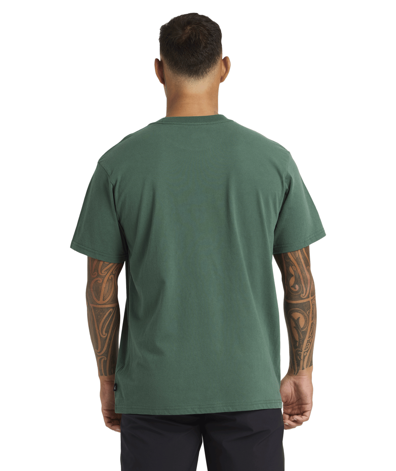 Quiksilver Tai Kehu Tiki T-Shirt in jungle green on Kehu Butler from the rear