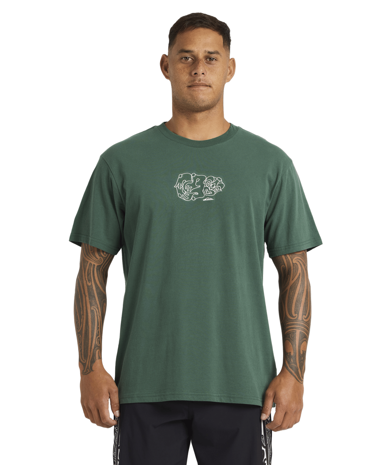 Quiksilver Tai Kehu Tiki T-Shirt in jungle green on Kehu Butler from the front