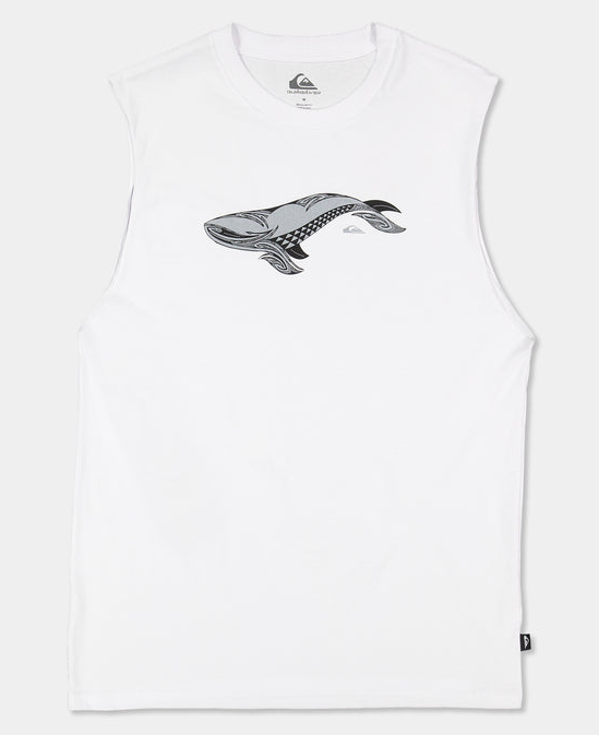 Quiksilver Tai Kehu Tohora Muscle in white with a whale on it from the front flatlay