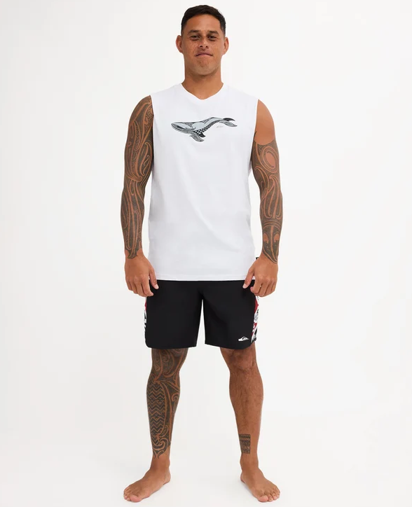 Quiksilver Tai Kehu Tohora Muscle in white on Kehu Butler wearing Quiksilver Maori boardshorts