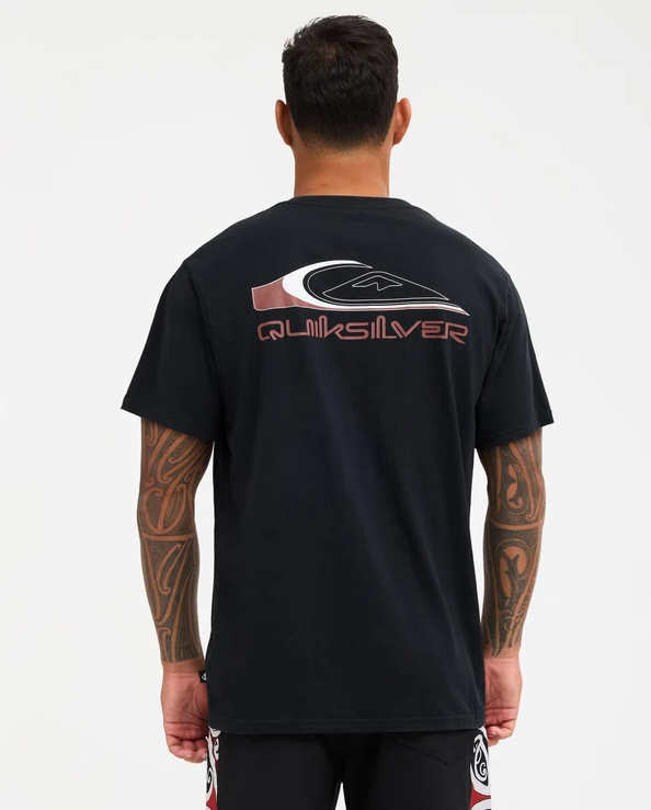Quiksilver Tai Kehu Tohu Maori T-Shirt in black on Kehu Butler in Maori boardshortsa from the back