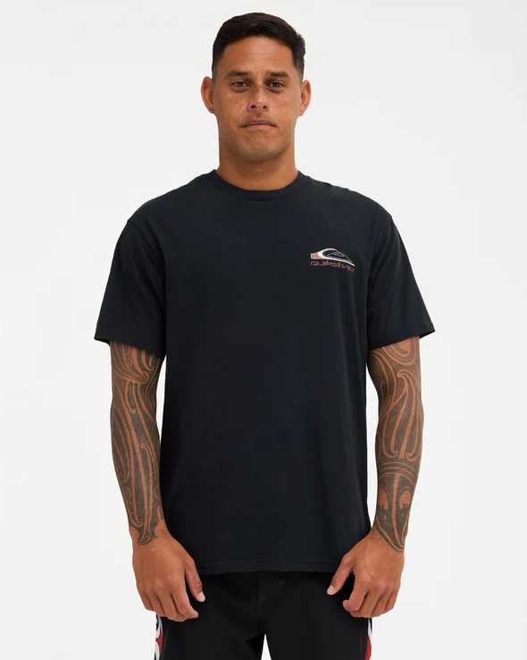 Quiksilver Tai Kehu Tohu Maori T-Shirt in black on Kehu Butler in Maori boardshortsa from the front close up
