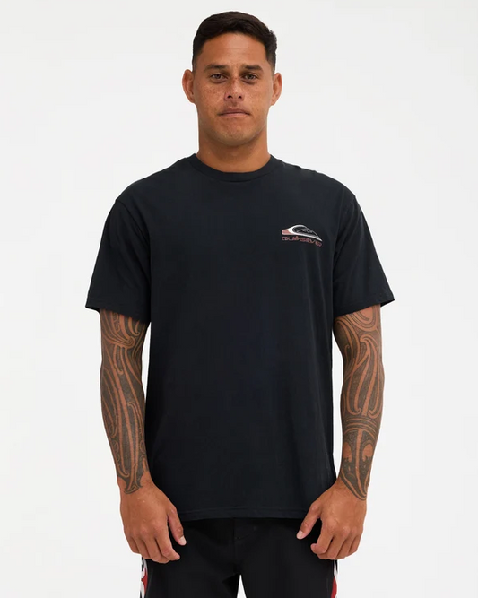 Quiksilver Tai Kehu Tohu Maori T-Shirt in black on Kehu Butler in Maori boardshortsa from the front close up