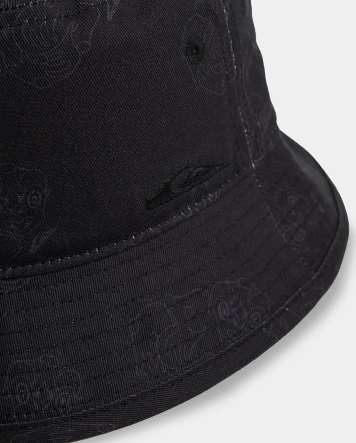 Quiksilver Tai Kehu Tuna Heke Bucket Hat in black with tonal tiki prints close up