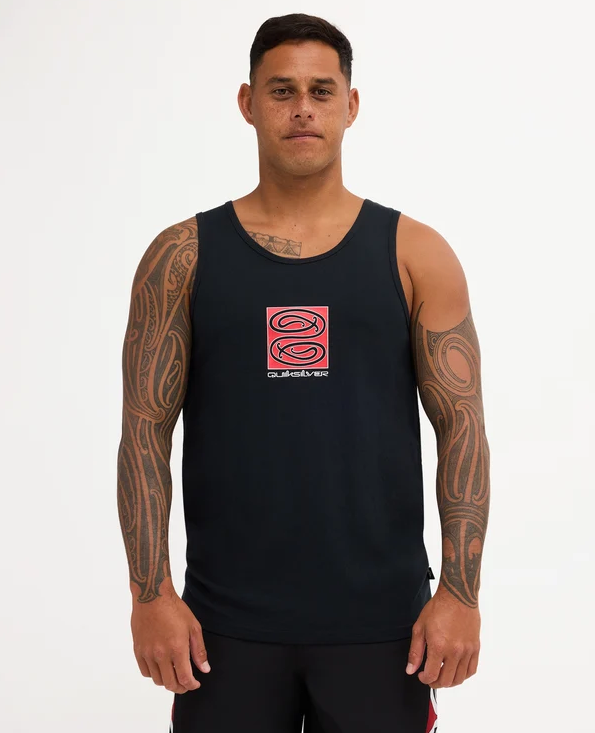 Quiksilver Tai Kehu Tuna Heke Tank in black on Kehu Butler wearing Maori boardshorts from the front close up