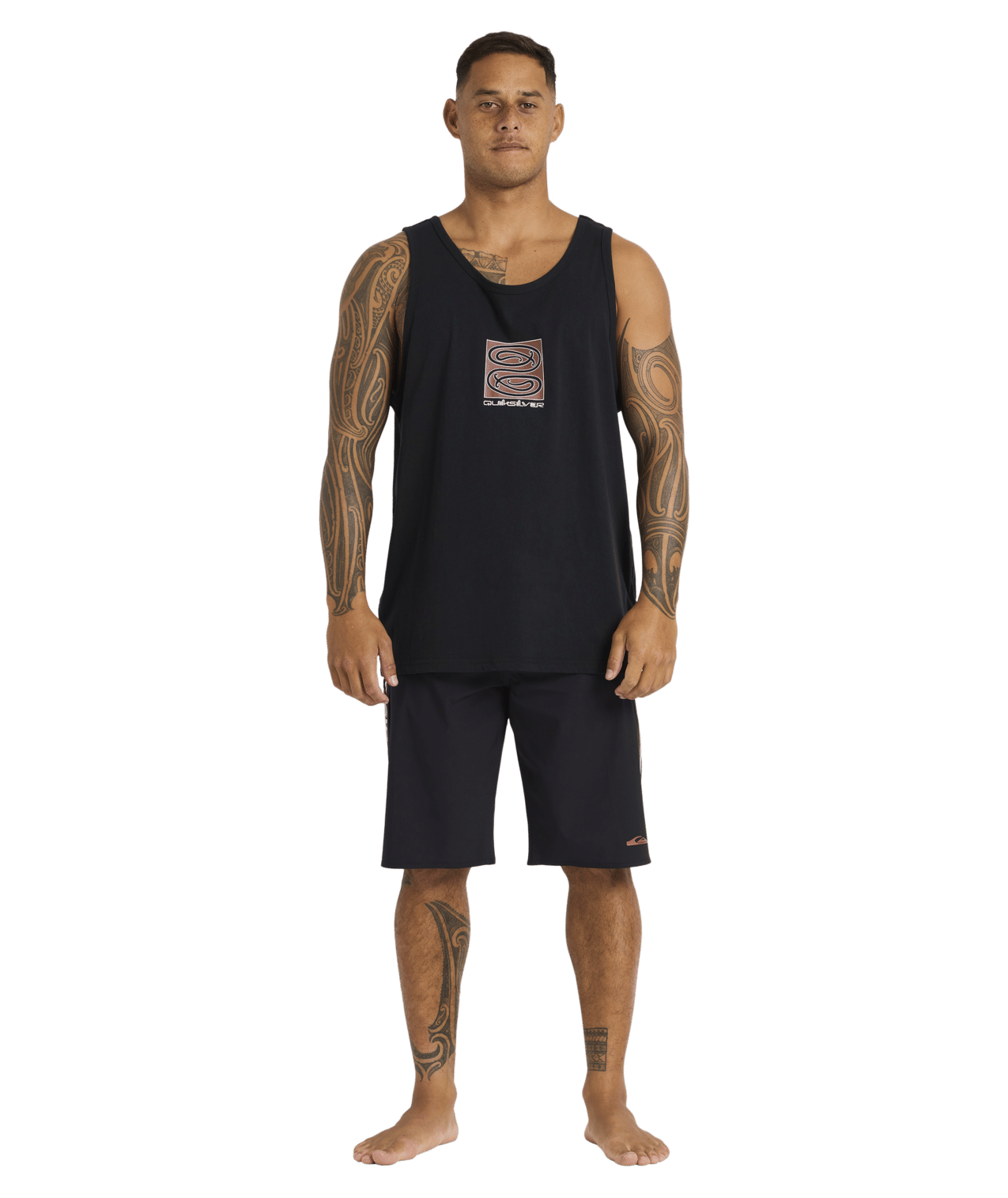 Quiksilver Tai Kehu Tuna-Heke Tank in black on kehu butler full length from front