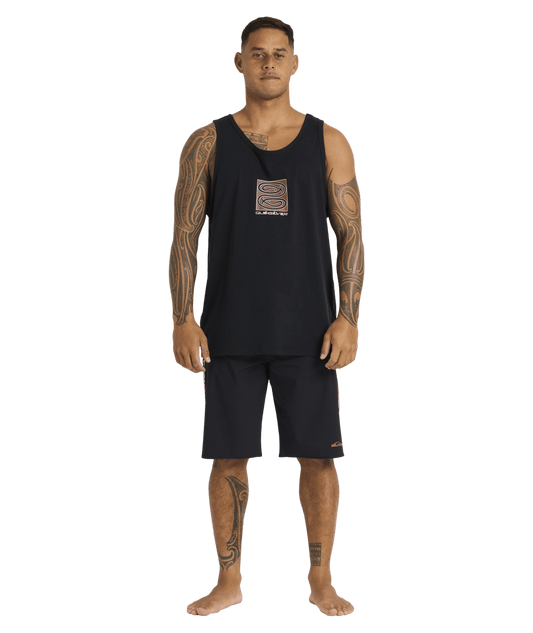 Quiksilver Tai Kehu Tuna-Heke Tank in black on kehu butler full length from front