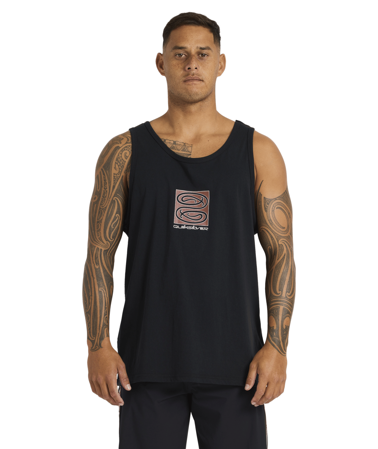 Quiksilver Tai Kehu Tuna-Heke Tank in black on kehu butler from front