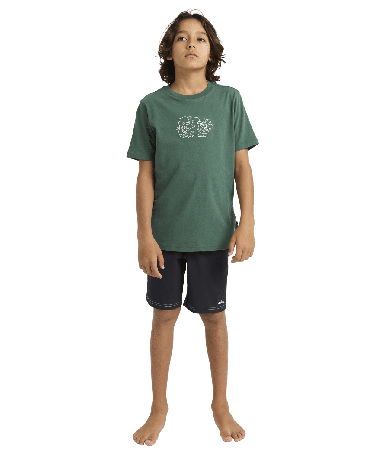 Quiksilver Tai Kehu Tiki Youth T-Shirt  in jngle green on youth model full length from front