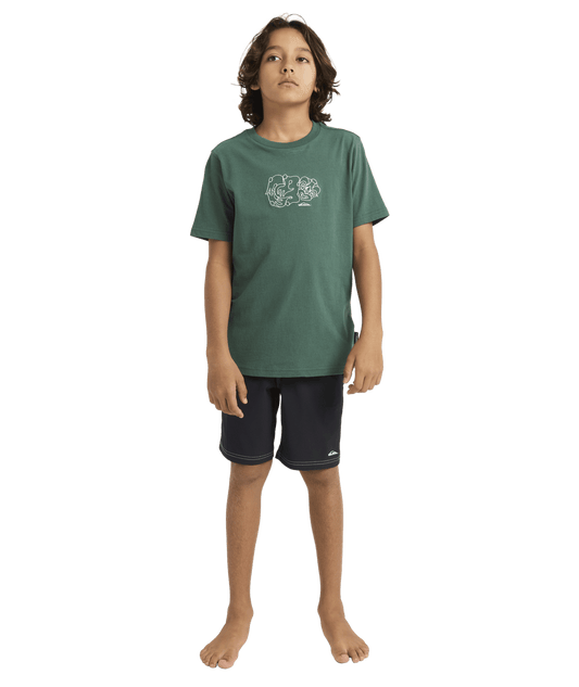 Quiksilver Tai Kehu Tiki Youth T-Shirt  in jngle green on youth model full length from front