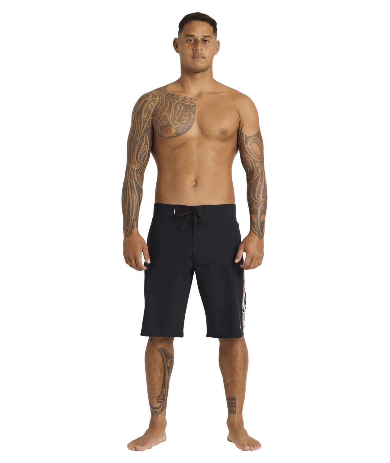 Quiksilver Tai Kehu Takarangi 20" Boardshorts in black with puhoro design from front full length on kehu butler
