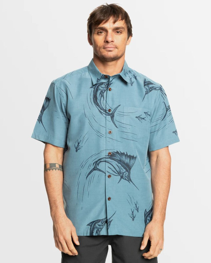 Quiksilver The Chase Short Sleeve Shirt in colour aegean blue on model