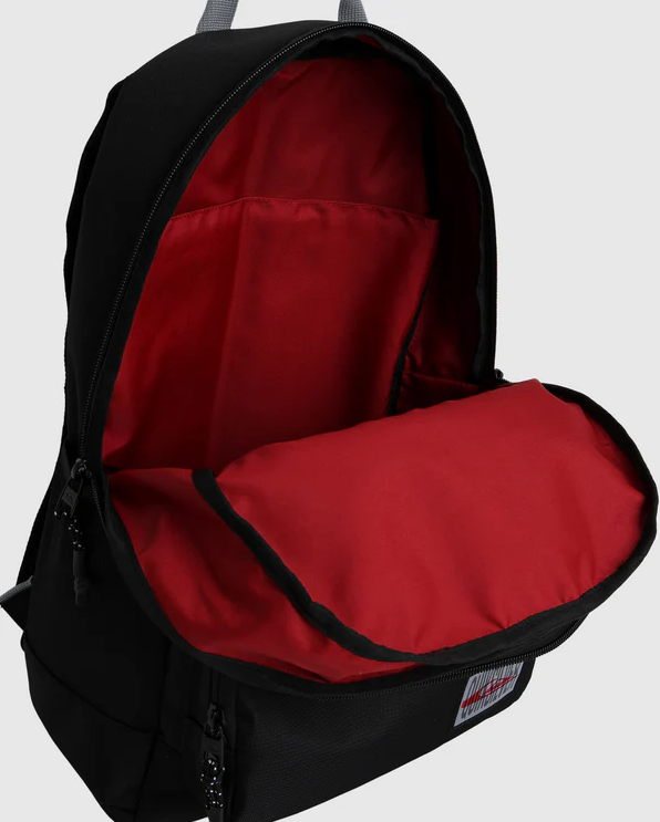 Quiksilver Traverse Backpack in black from front showing inside with red lining