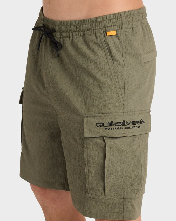 Quiksilver Watermans Cargo Shorts in olive form side showing elastic waist
