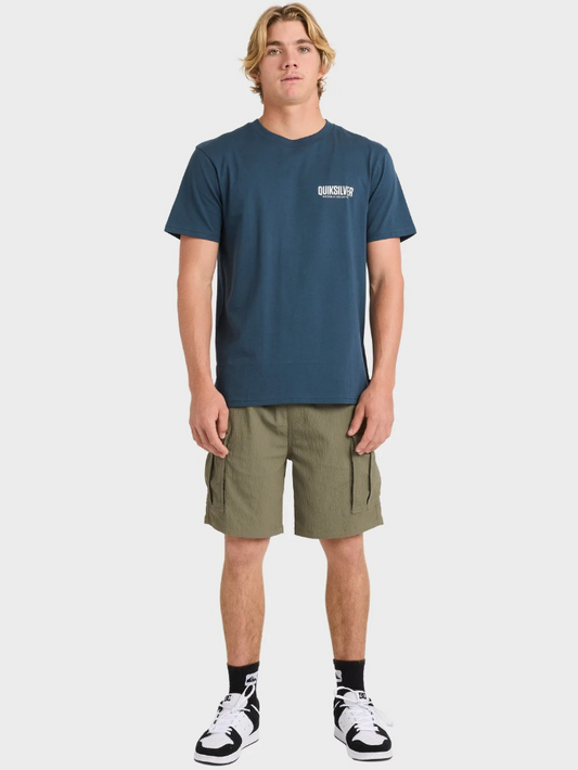 Quiksilver Watermans Cargo Shorts in olive on model in blue Quiksilver tee