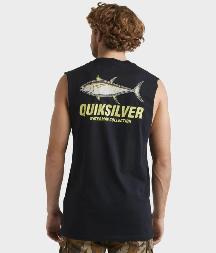Quiksilver Watermans Slack Tide Muscle Tee  in black from rear with tuna fish print