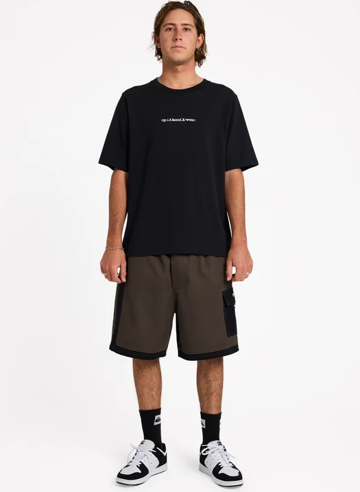 Quiksilver Wrath 23" Men's Walkshorts
 in turkish coffee colourway on model in black quiksilver tee