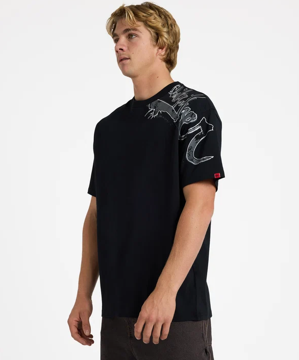 Quiksilver YG Scrawled Tee in black on model from side/front view